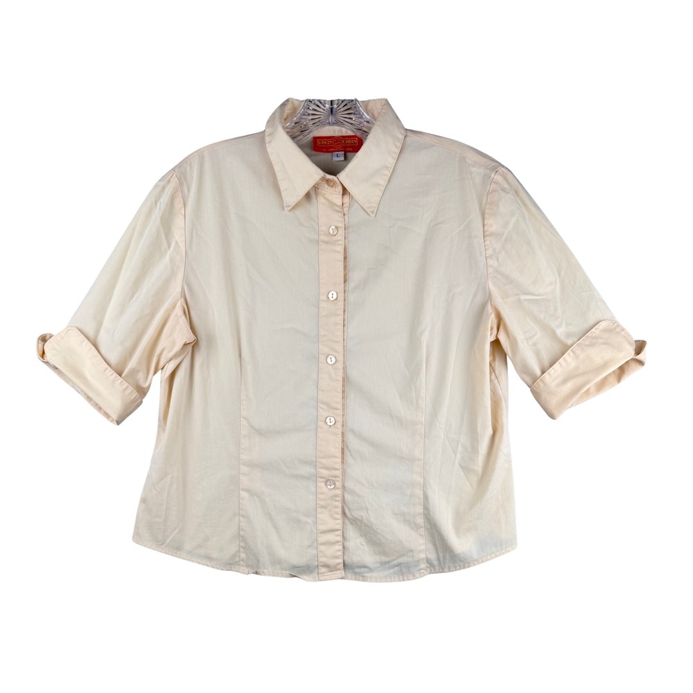 Krazy Larry Womens Large Cream Short Sleeve Button Up Collared Shirt Blouse